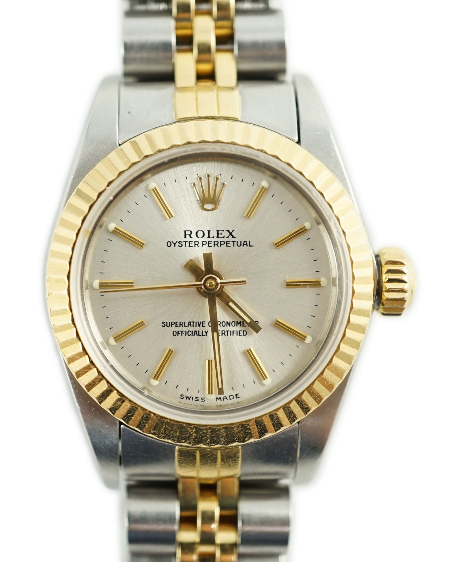A lady's early 1990's steel and gold Rolex Oyster Perpetual wrist watch, on a steel and gold Rolex bracelet